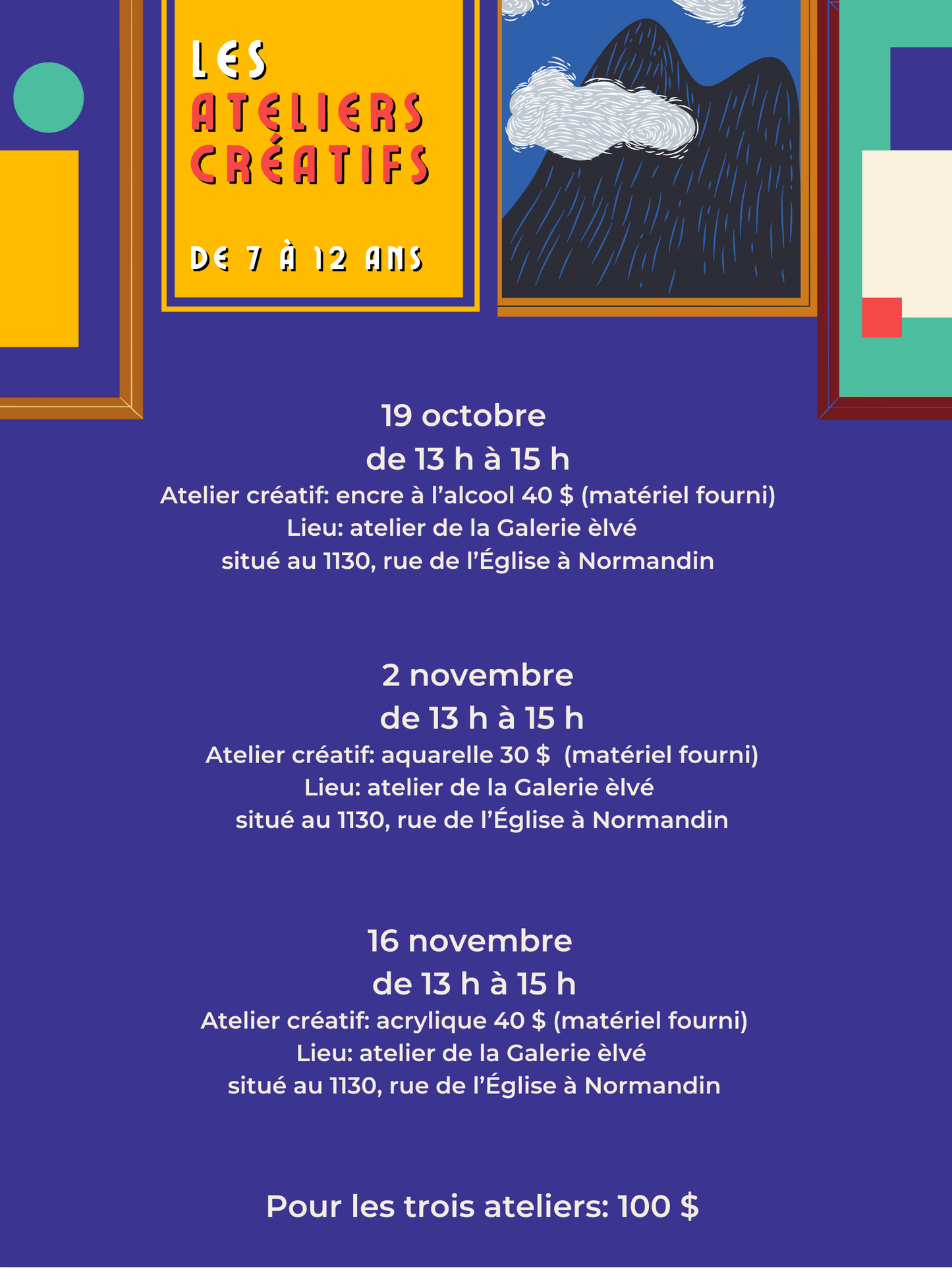 Trois ateliers créatifs pour enfants (7 à 12 ans)